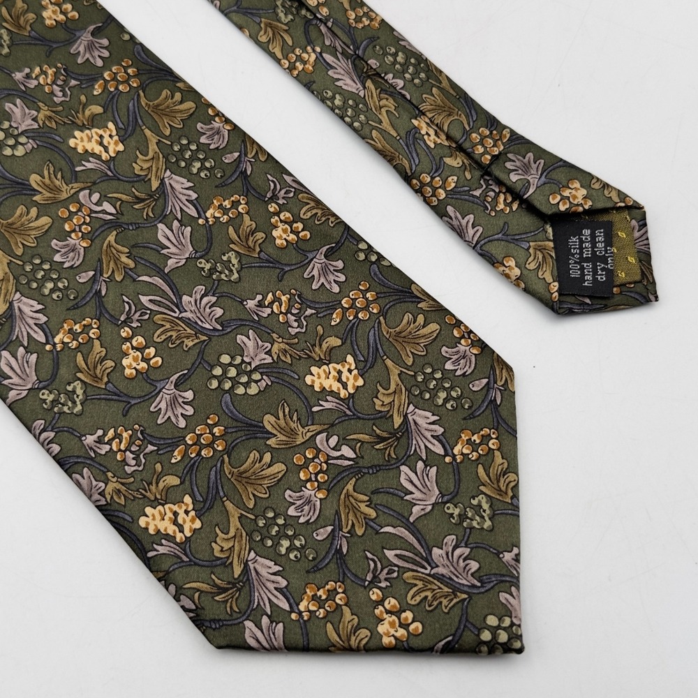 Stonehenge Mens Silk Tie Olive Green Botanical Arts Crafts Floral Hand Made
